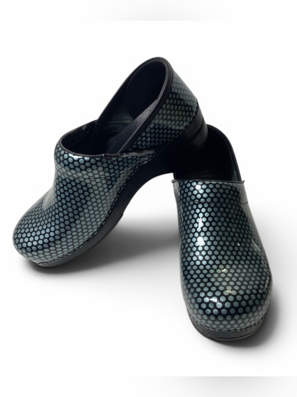Dansko Shoes Womens Size 10.5 Blue Professional Clogs Polka Dot Patent Leather